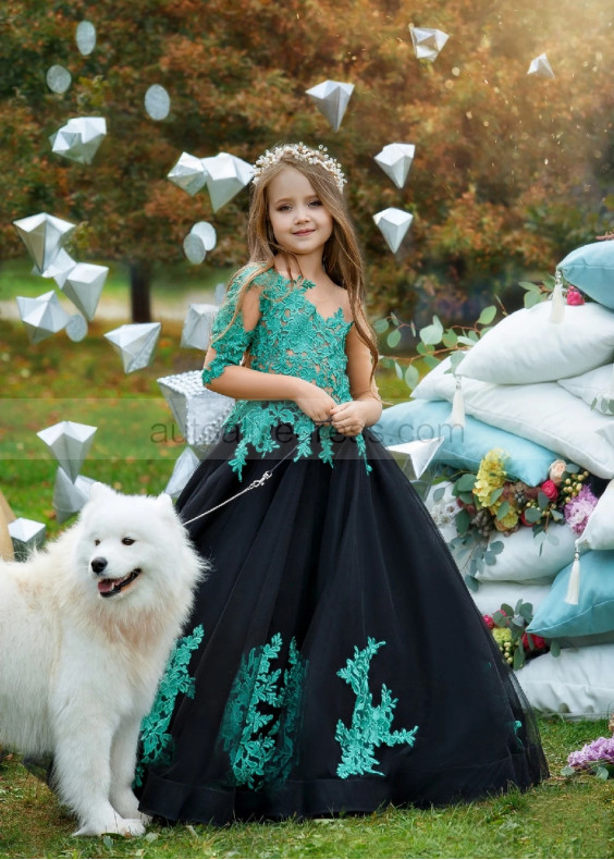 Green Lace Black Tulle Buttons Back Latest Flower Girl Dress